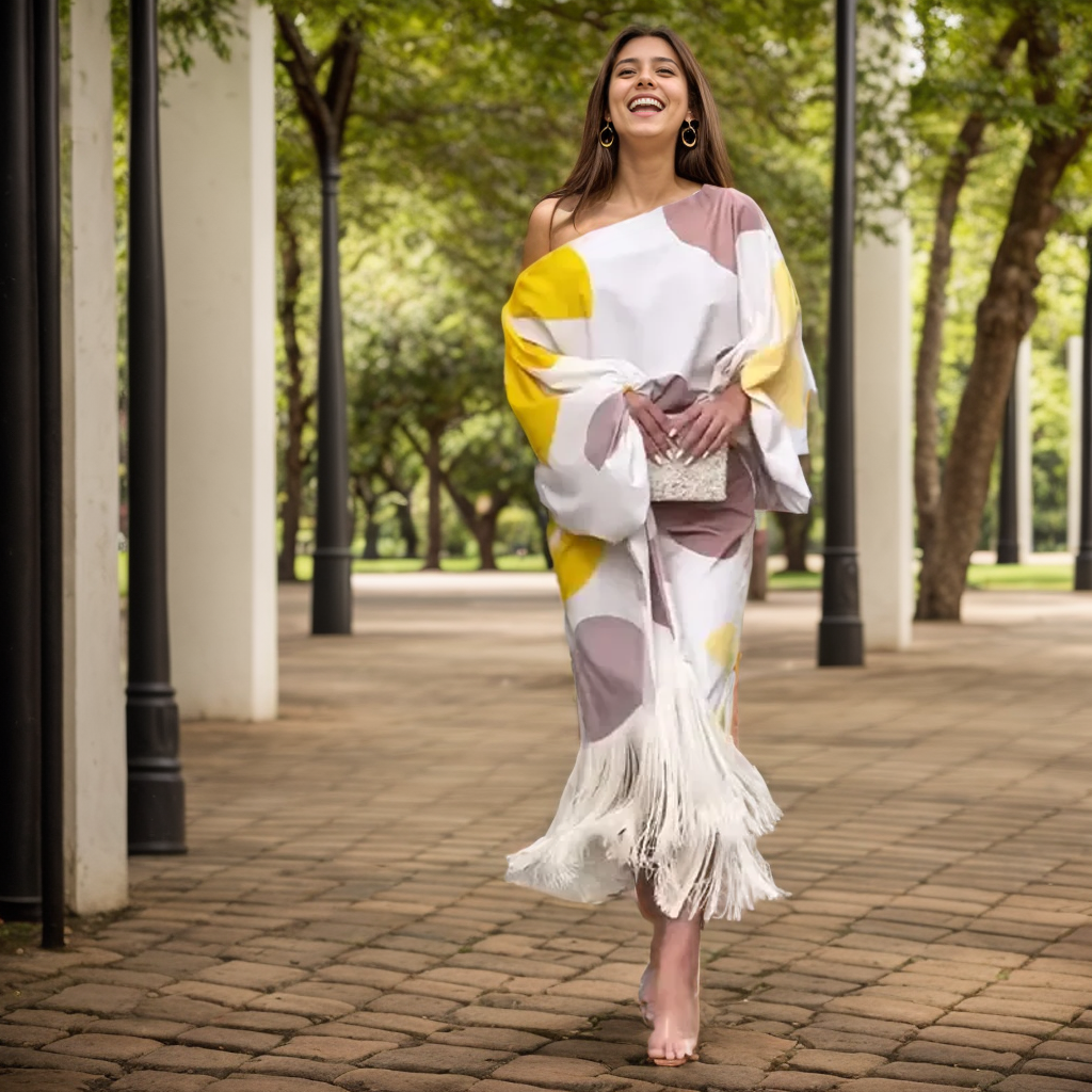 Vestido midi envolvente asimétrico con flecos