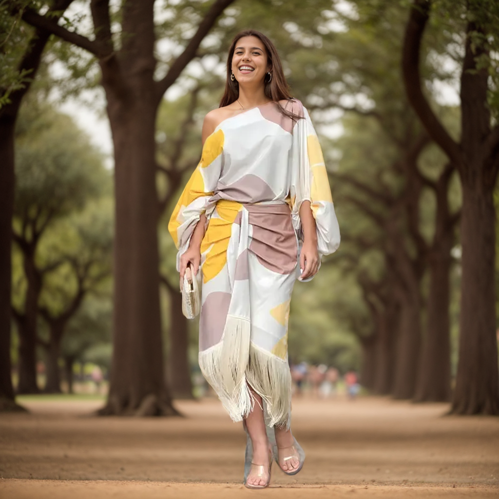 Vestido midi envolvente asimétrico con flecos