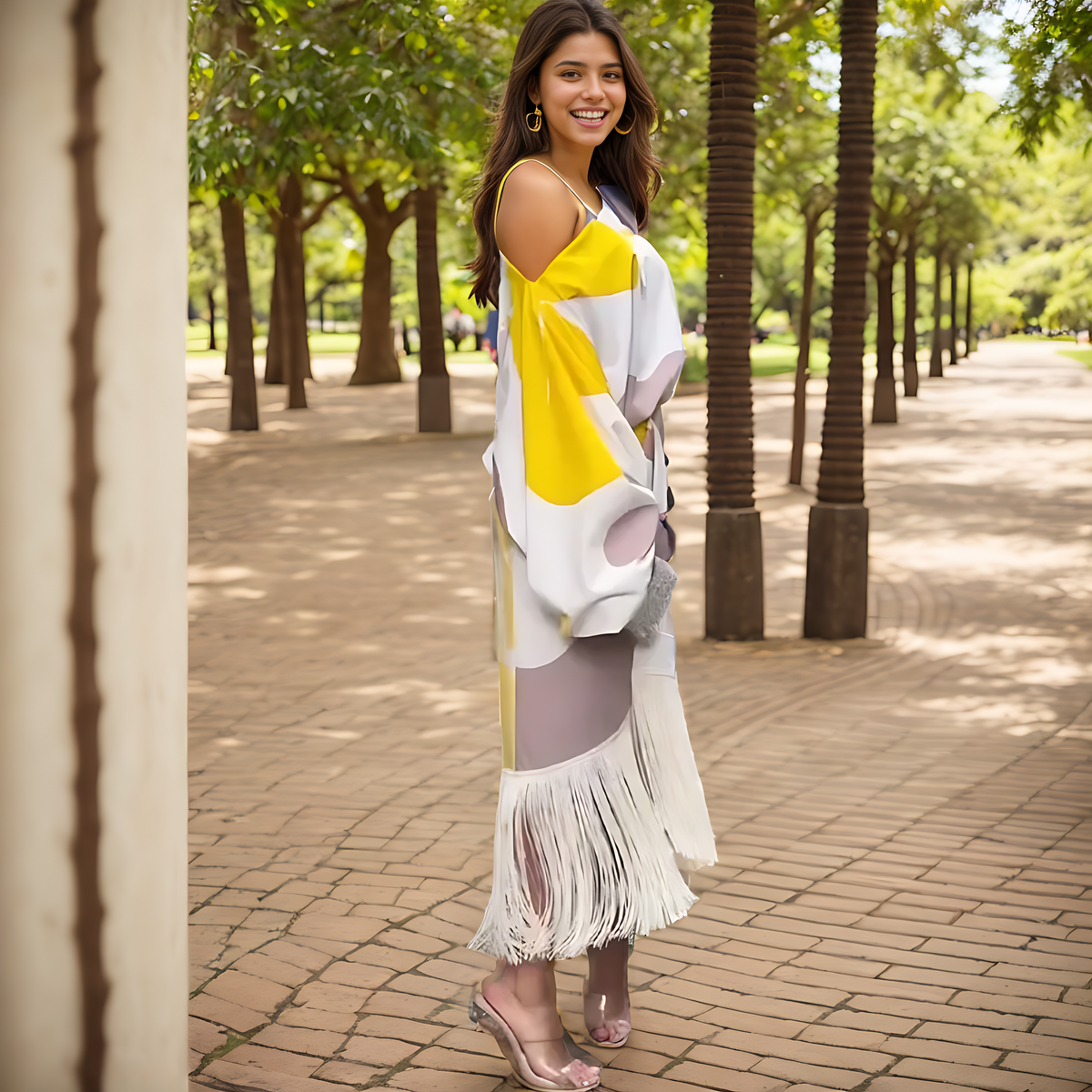 Vestido midi envolvente asimétrico con flecos