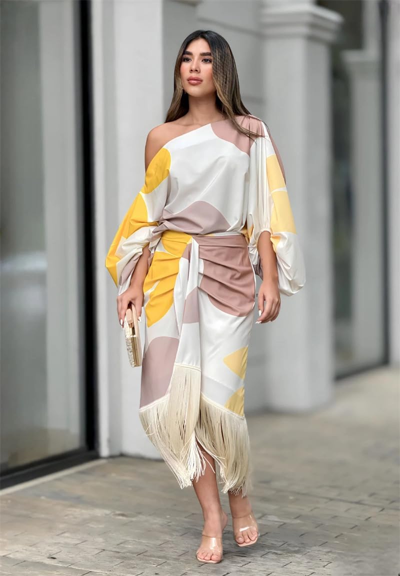 Vestido midi envolvente asimétrico con flecos