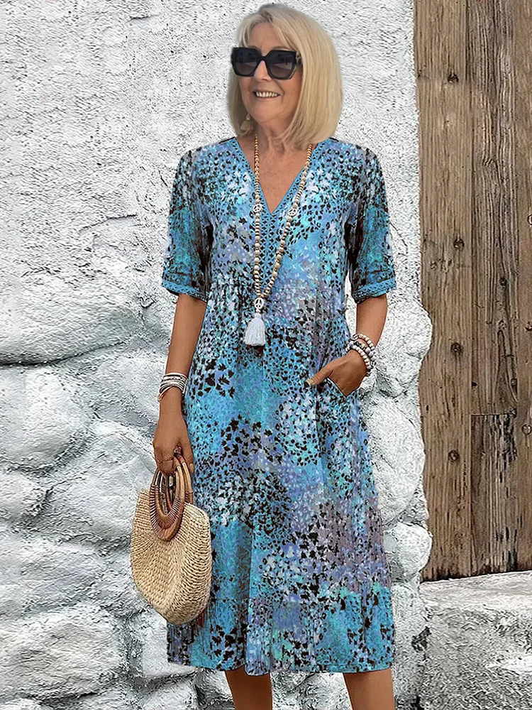 Vestido midi estampado con cuello en V y corte en A para mujer