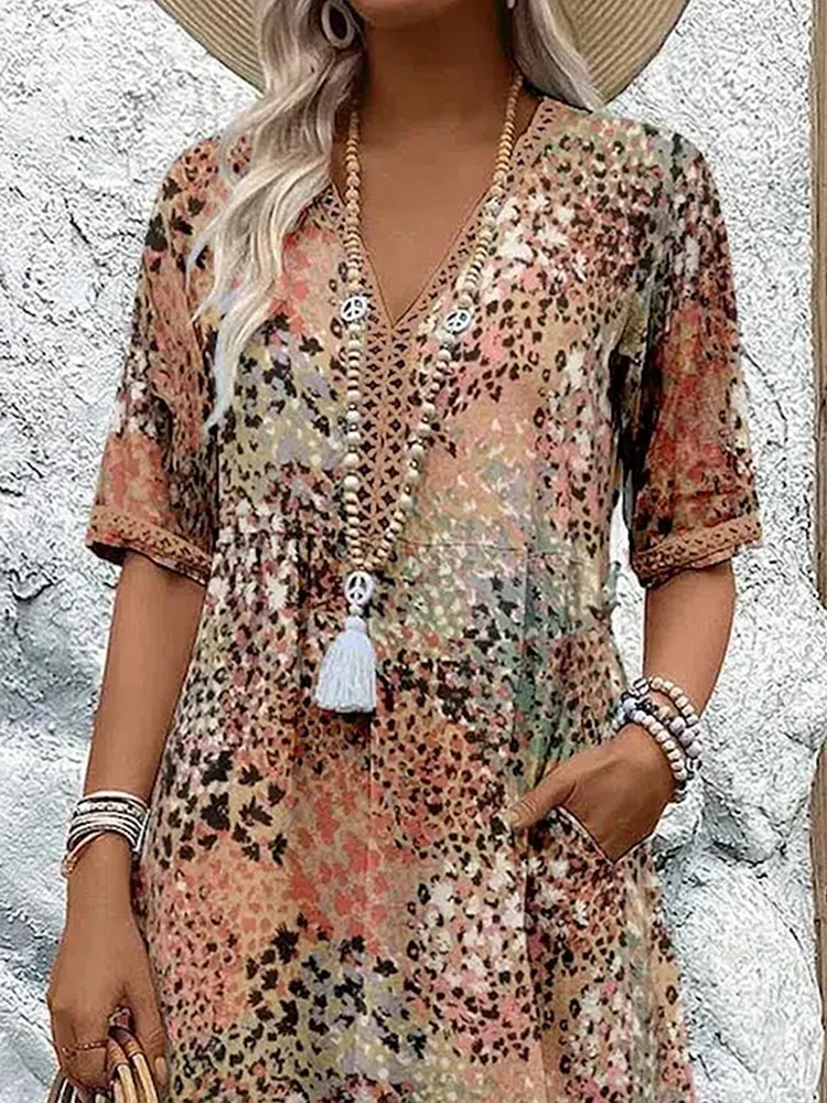 Vestido midi estampado con cuello en V y corte en A para mujer