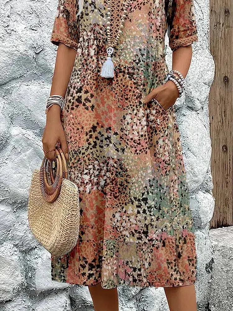 Vestido midi estampado con cuello en V y corte en A para mujer