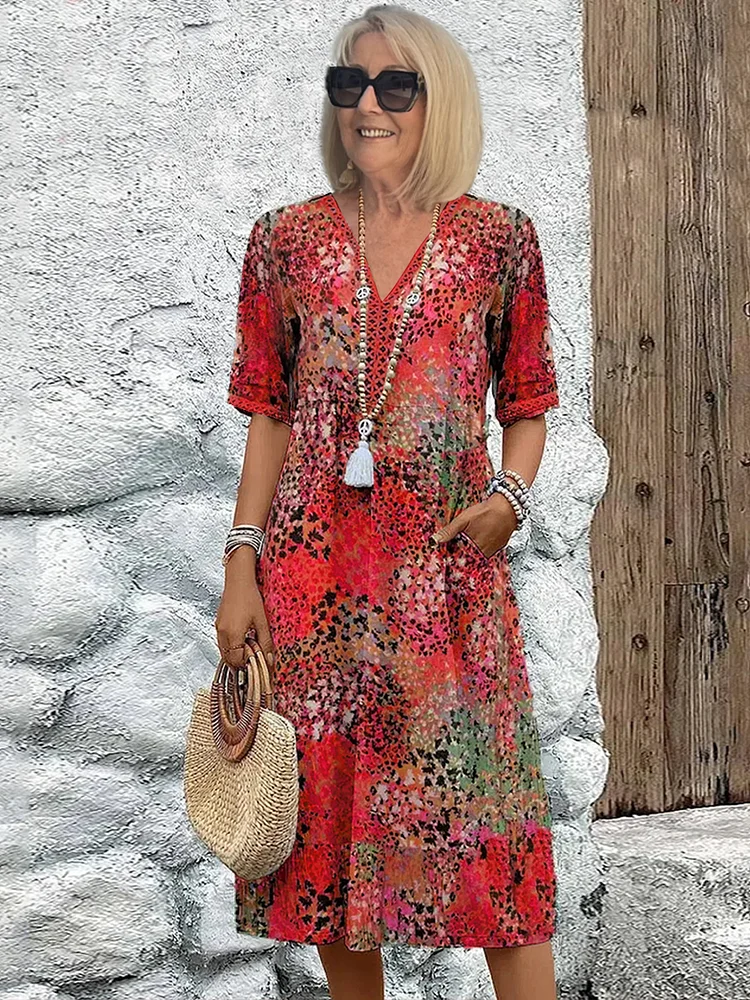 Vestido midi estampado de corte evasé con cuello en V para mujer
