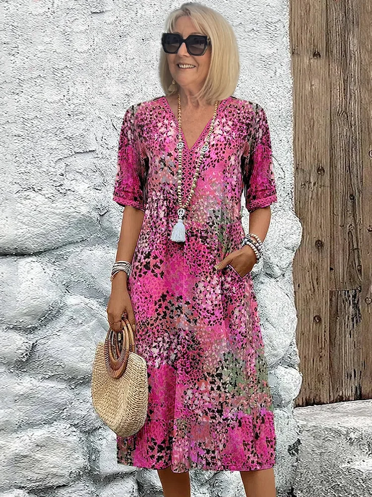 Vestido midi estampado de corte evasé con cuello en V para mujer