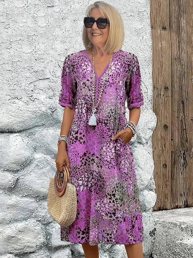 Vestido midi estampado de corte evasé con cuello en V para mujer