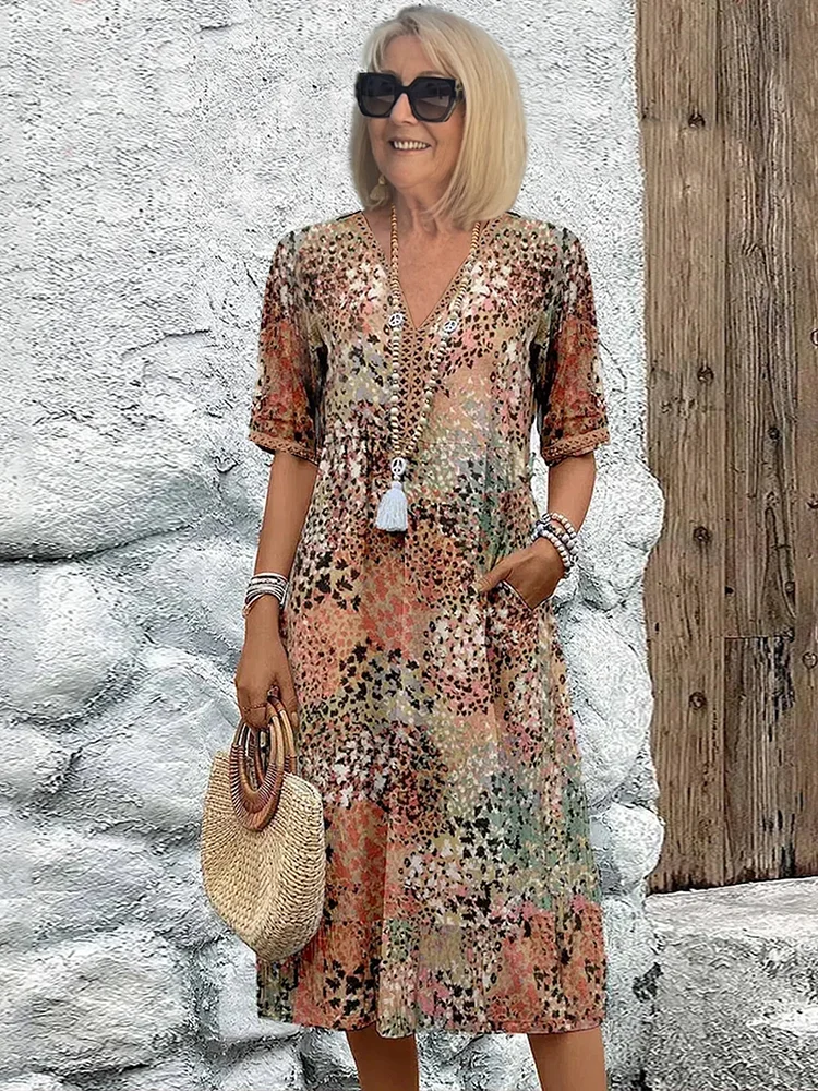 Vestido midi estampado de corte evasé con cuello en V para mujer