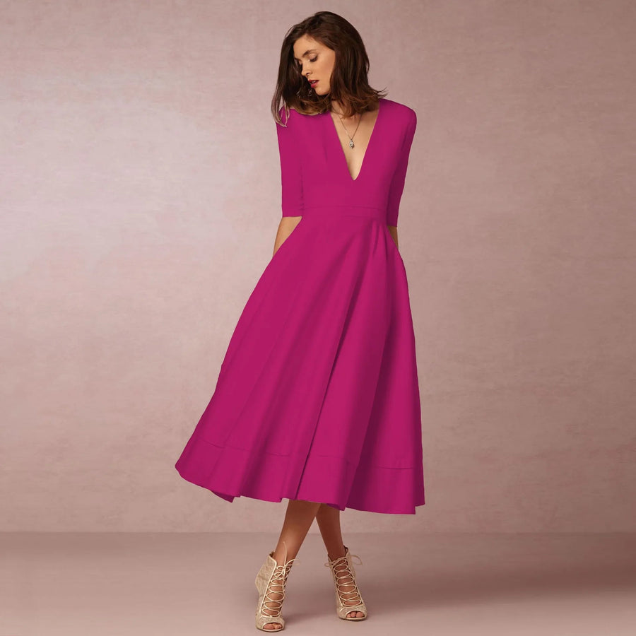 Vestido midi evasé para mujer con escote en V