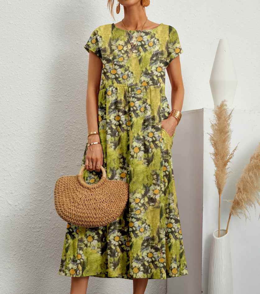 Vestido midi floral acampanado con bolsillos para mujer