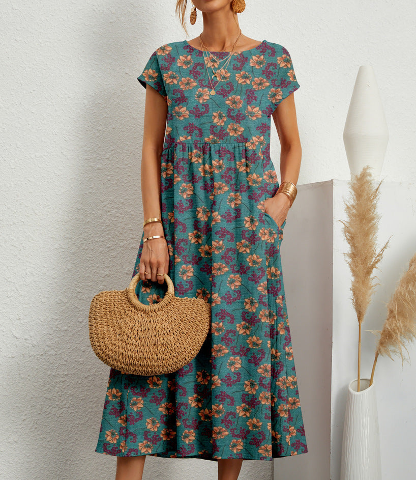 Vestido midi floral acampanado con bolsillos para mujer