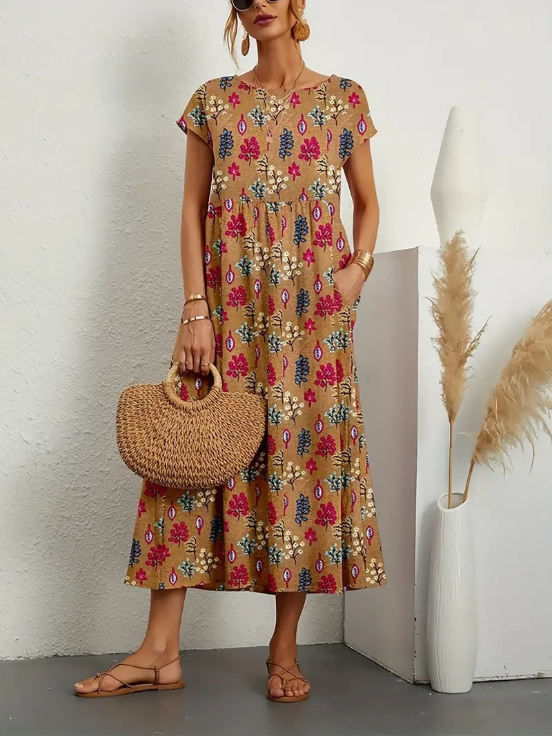 Vestido midi floral acampanado con bolsillos para mujer