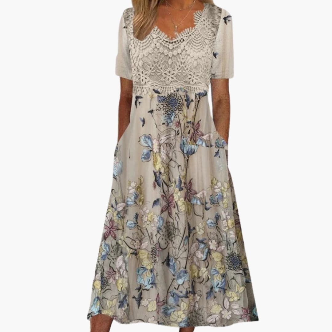 Vestido midi para mujer con cuello en V y detalles de encaje