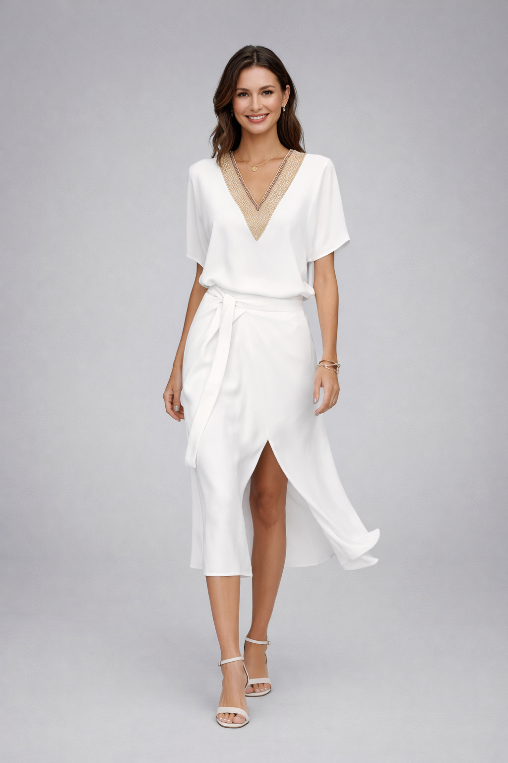 Vestido midi para mujer con escote en V, elegante diseño blanco y ajuste moderno
