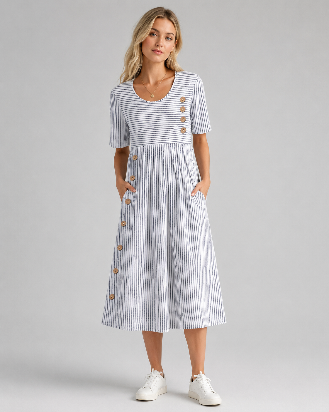 Vestido midi para mujer con mangas a rayas