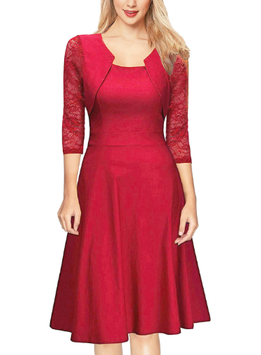 Vestido Midi para Mujer en Línea A con Encaje y Manga 3/4