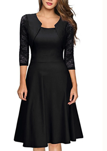 Vestido Midi para Mujer en Línea A con Encaje y Manga 3/4