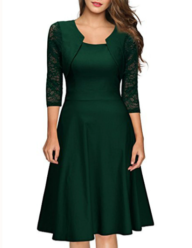 Vestido Midi para Mujer en Línea A con Encaje y Manga 3/4
