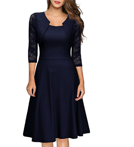 Vestido Midi para Mujer en Línea A con Encaje y Manga 3/4