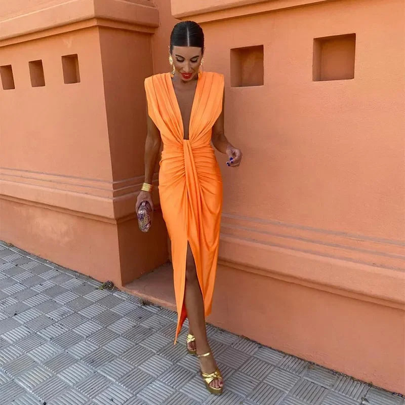 Vestido Midi Sin Mangas con Escote en V para Mujer
