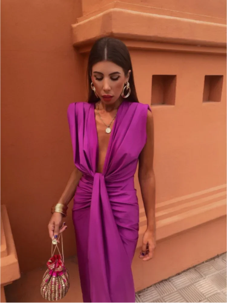 Vestido Midi Sin Mangas con Escote en V para Mujer