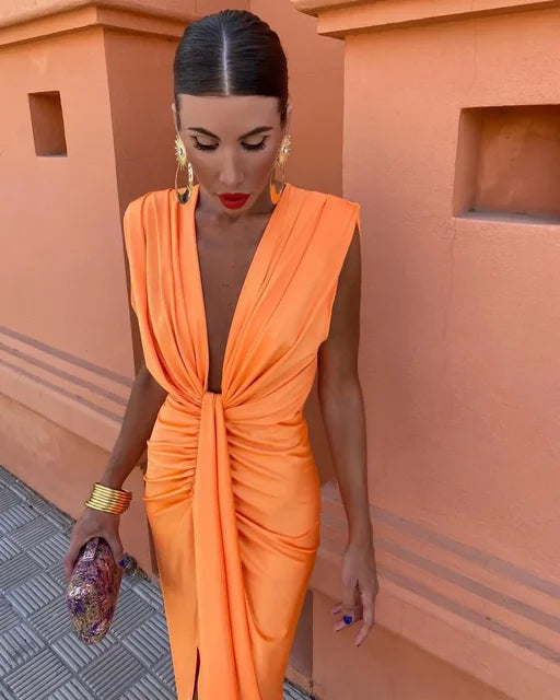 Vestido Midi Sin Mangas con Escote en V para Mujer