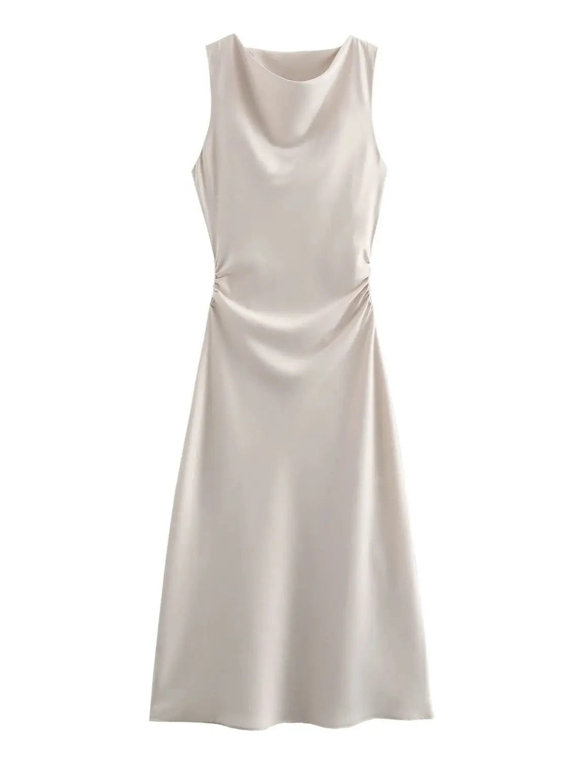 Vestido midi sin mangas para mujer con cuello redondo y fruncido en la cintura