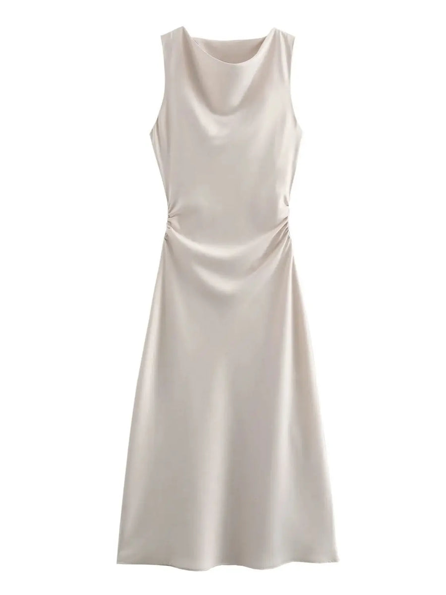 Vestido midi sin mangas para mujer con cuello redondo y fruncido en la cintura