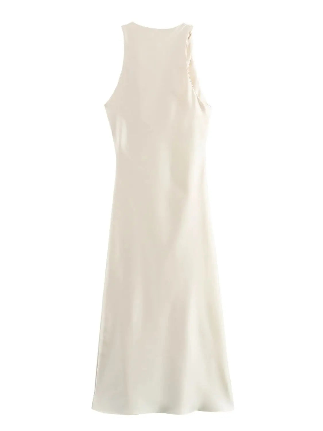 Vestido midi sin mangas para mujer con cuello redondo y fruncido en la cintura