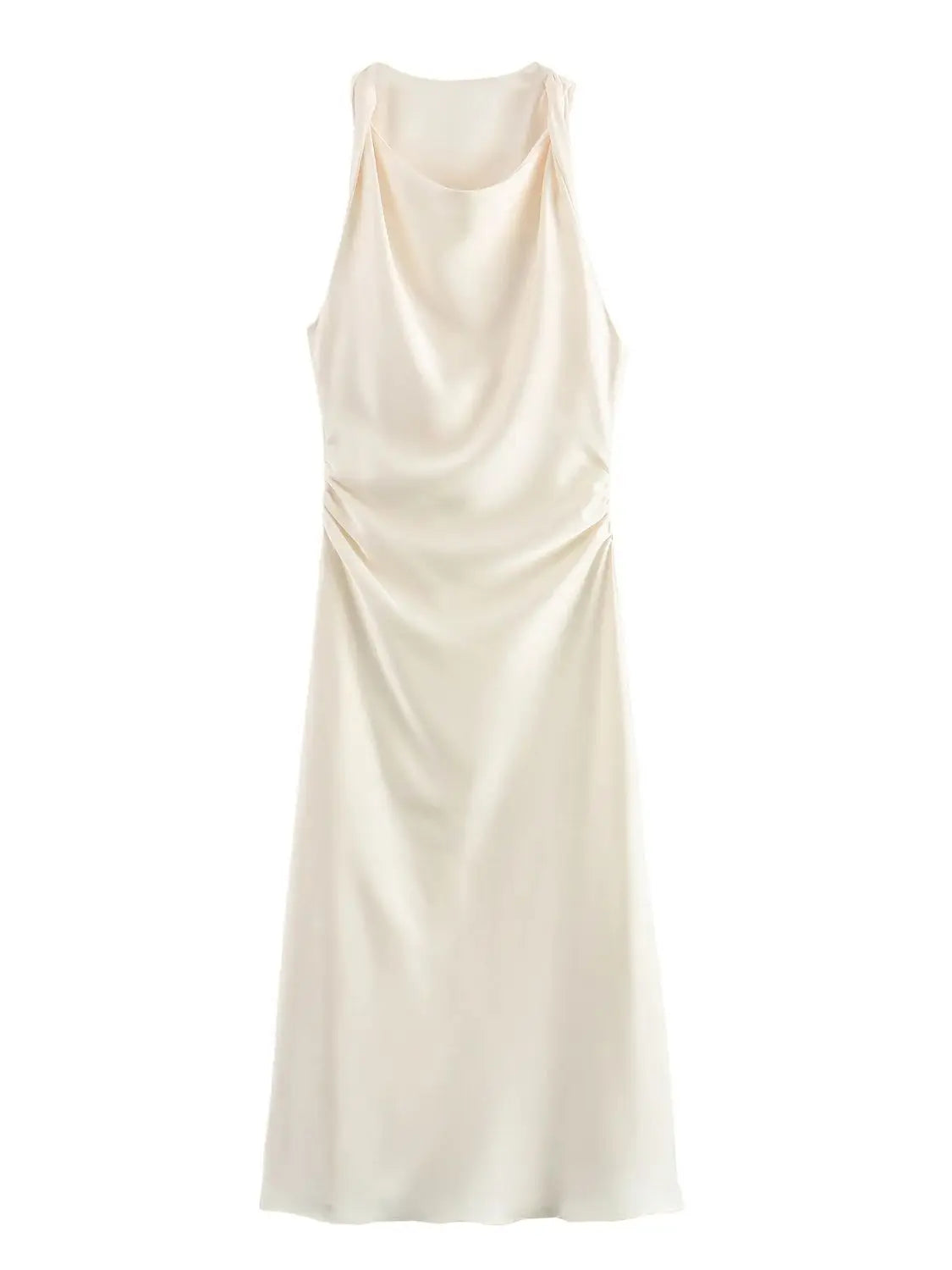 Vestido midi sin mangas para mujer con cuello redondo y fruncido en la cintura
