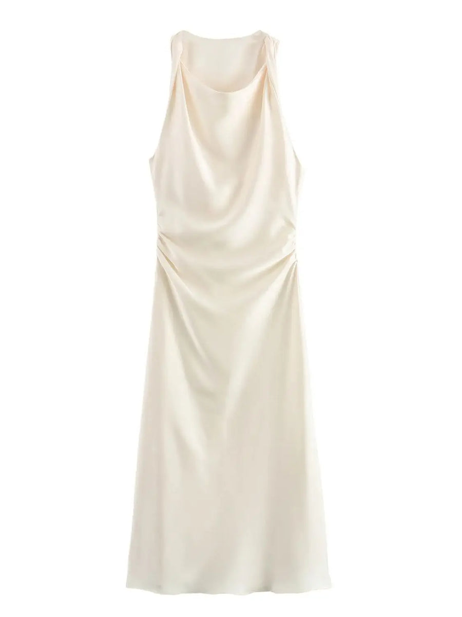 Vestido midi sin mangas para mujer con cuello redondo y fruncido en la cintura