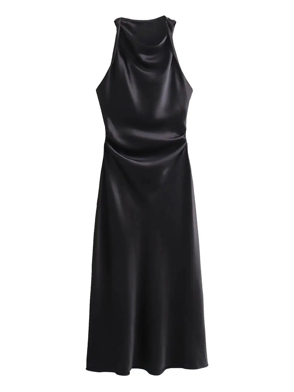 Vestido midi sin mangas para mujer con cuello redondo y fruncido en la cintura