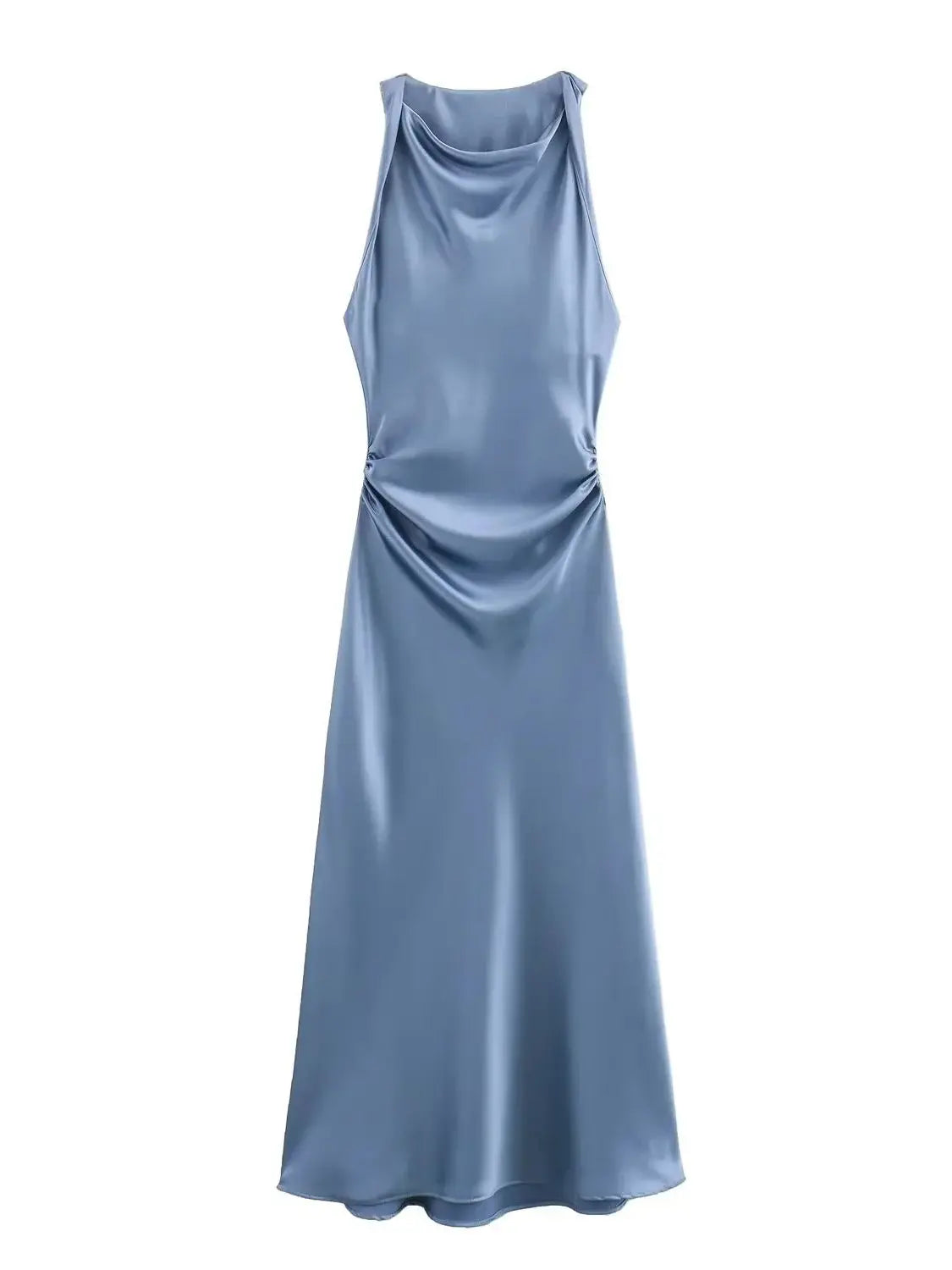 Vestido midi sin mangas para mujer con cuello redondo y fruncido en la cintura