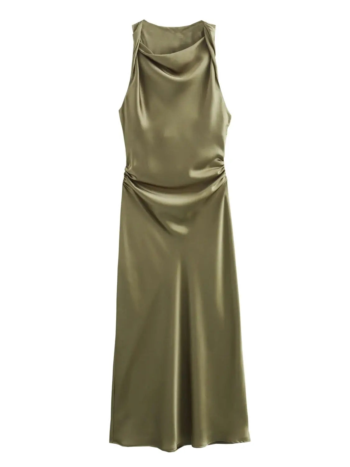 Vestido midi sin mangas para mujer con cuello redondo y fruncido en la cintura