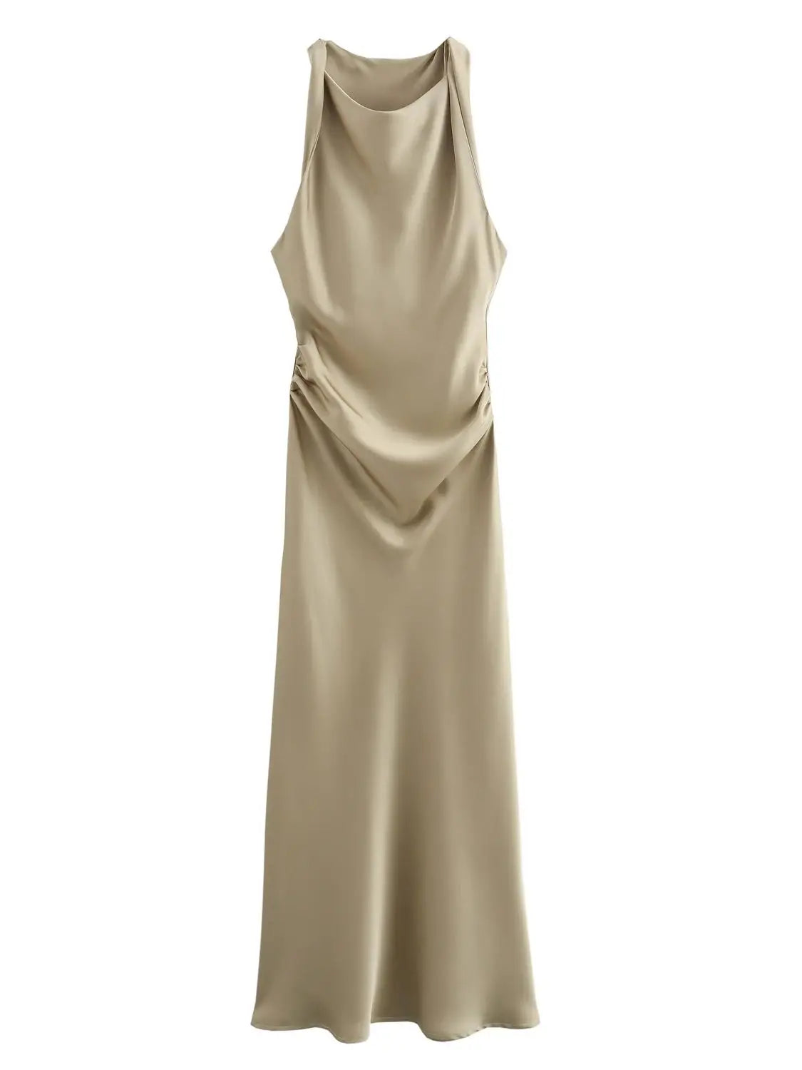 Vestido midi sin mangas para mujer con cuello redondo y fruncido en la cintura