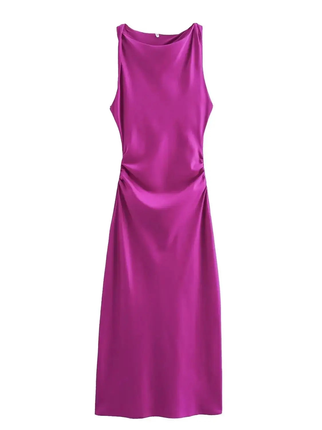 Vestido midi sin mangas para mujer con cuello redondo y fruncido en la cintura