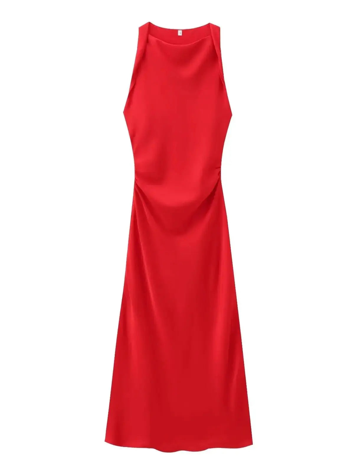 Vestido midi sin mangas para mujer con cuello redondo y fruncido en la cintura
