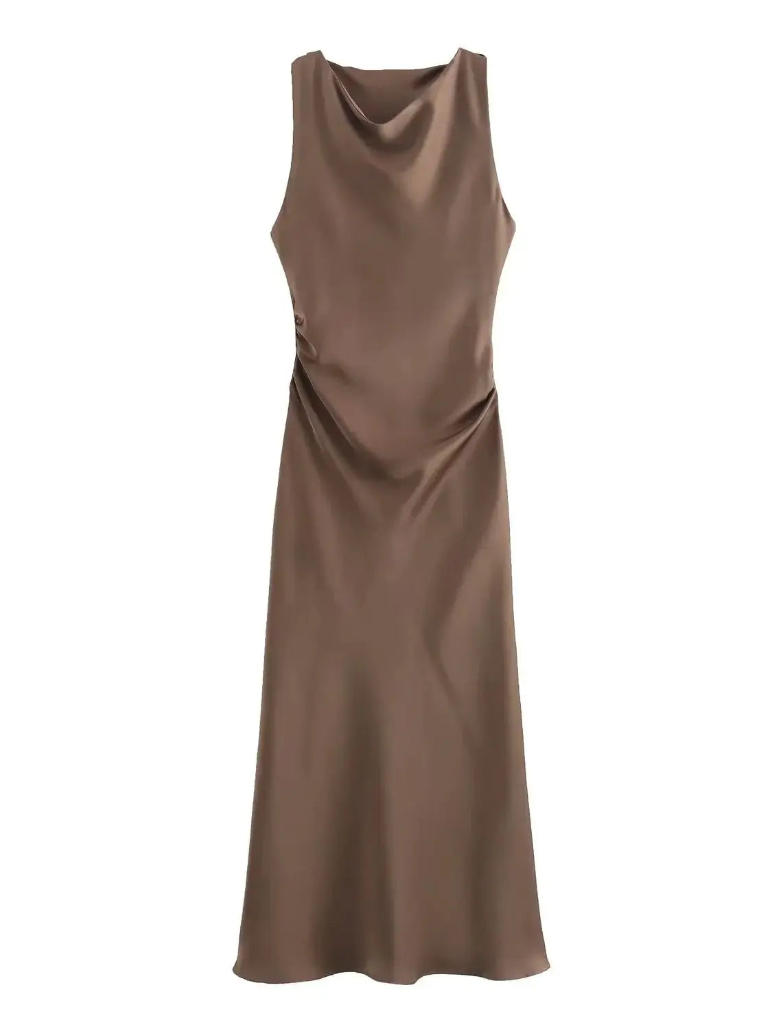 Vestido midi sin mangas para mujer con cuello redondo y fruncido en la cintura