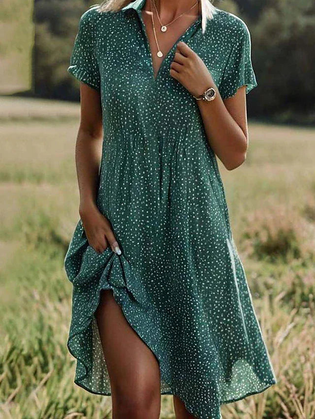 Vestido mini de lunares para mujer con cuello en V, solapa y manga corta