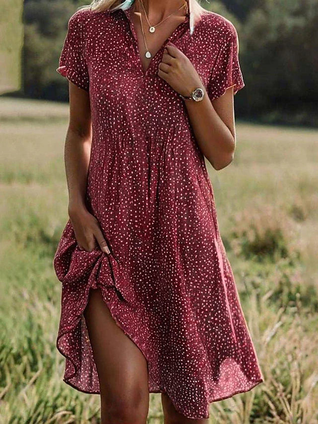 Vestido mini de lunares para mujer con cuello en V, solapa y manga corta