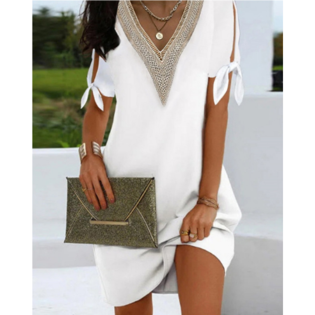 Vestido Mini Shift para Mujer de Corte Recto con Manga Corta, Nudo y Cuello en V