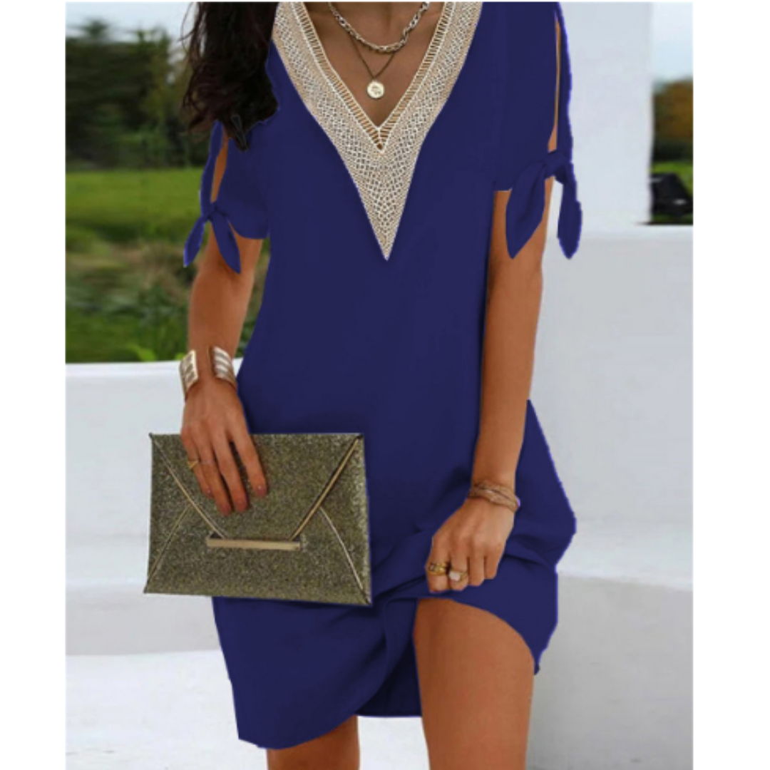 Vestido Mini Shift para Mujer de Corte Recto con Manga Corta, Nudo y Cuello en V