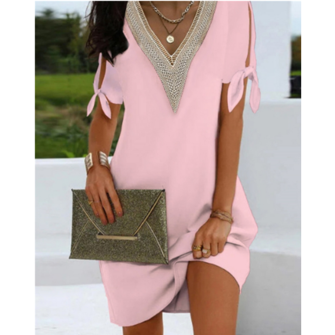 Vestido Mini Shift para Mujer de Corte Recto con Manga Corta, Nudo y Cuello en V