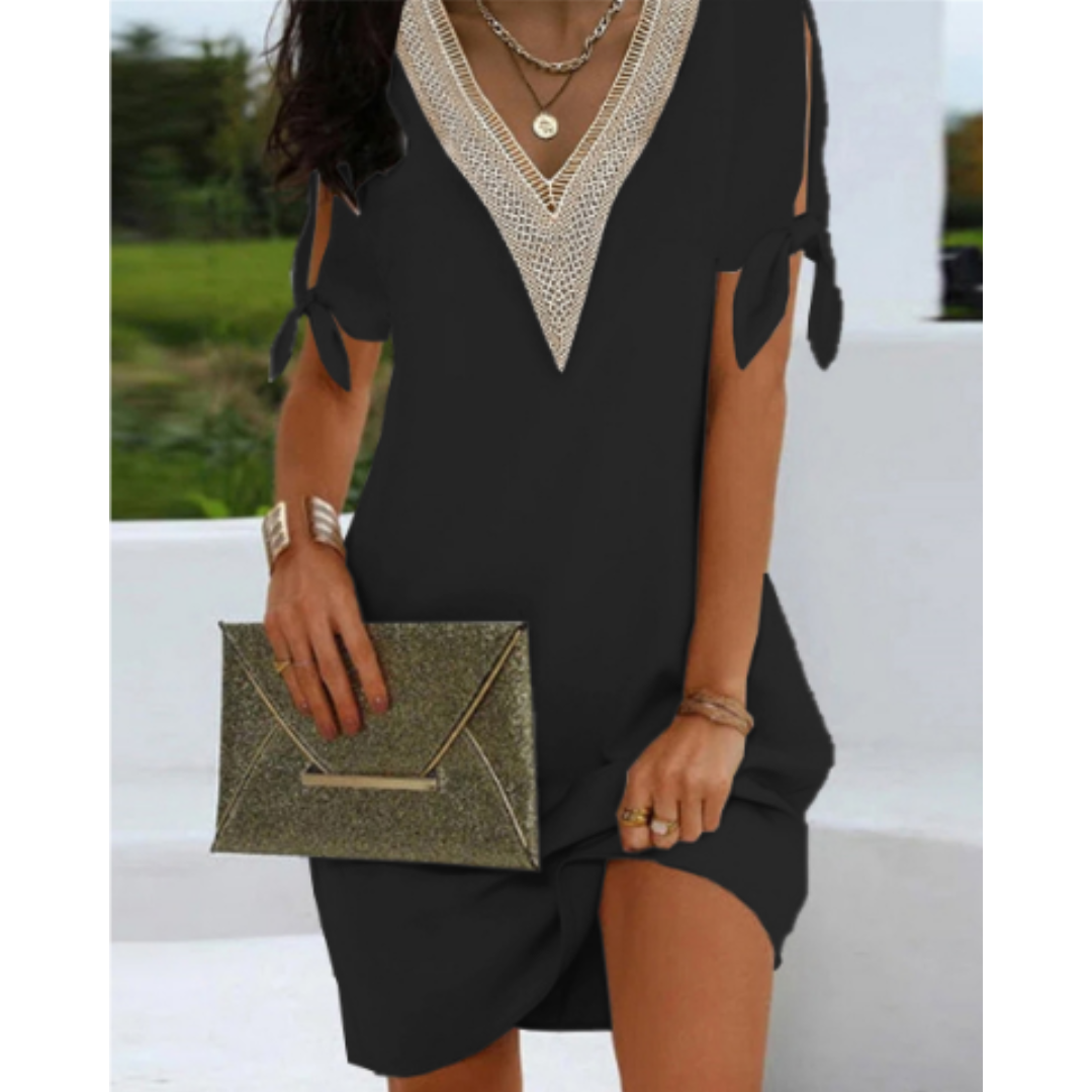 Vestido Mini Shift para Mujer de Corte Recto con Manga Corta, Nudo y Cuello en V