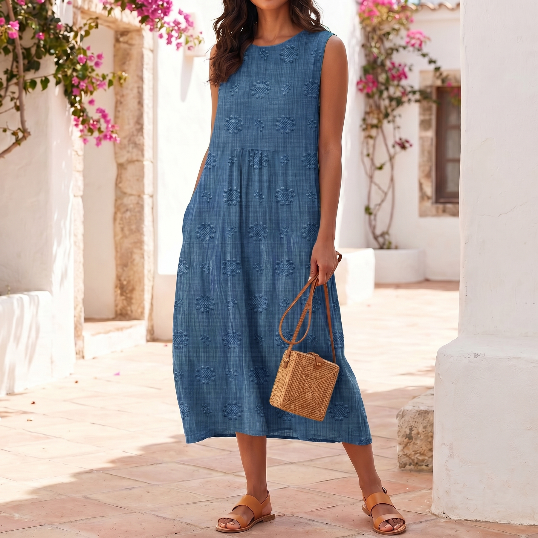 Vestido sin mangas bordado para mujer | Vestido maxi ligero de verano