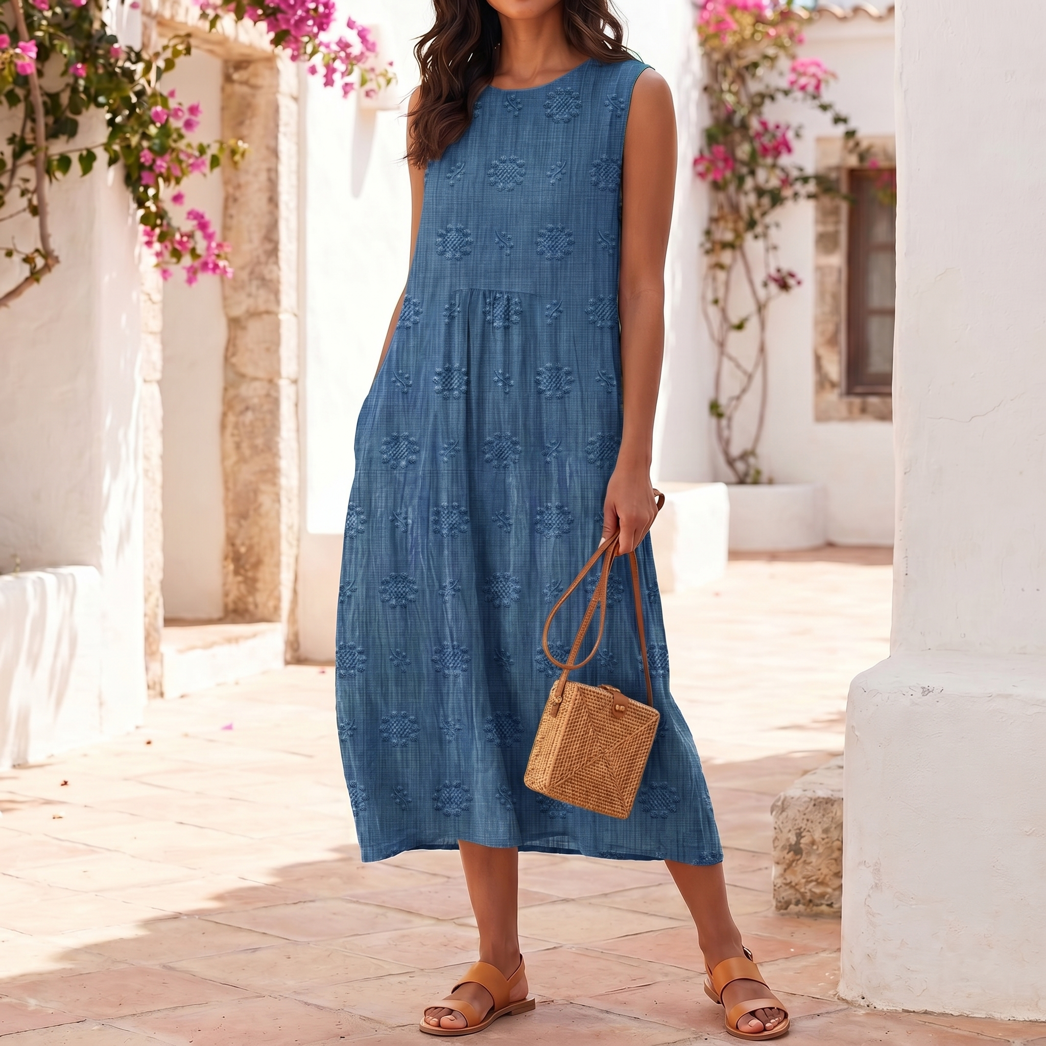 Vestido sin mangas bordado para mujer | Vestido maxi ligero de verano