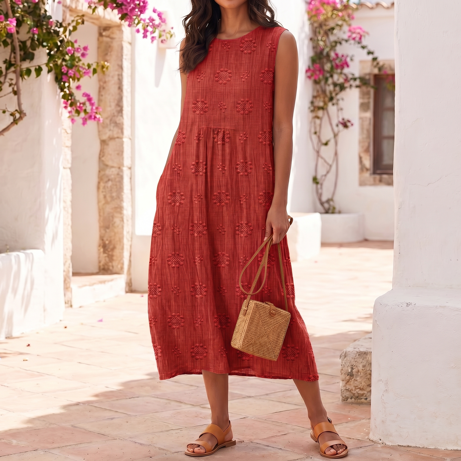 Vestido sin mangas bordado para mujer | Vestido maxi ligero de verano