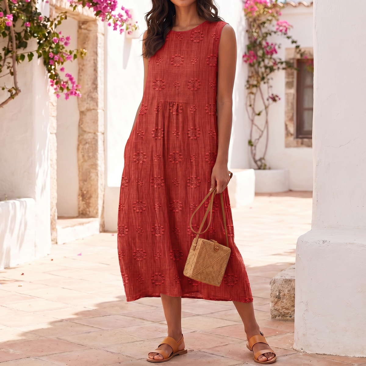 Vestido sin mangas bordado para mujer | Vestido maxi ligero de verano