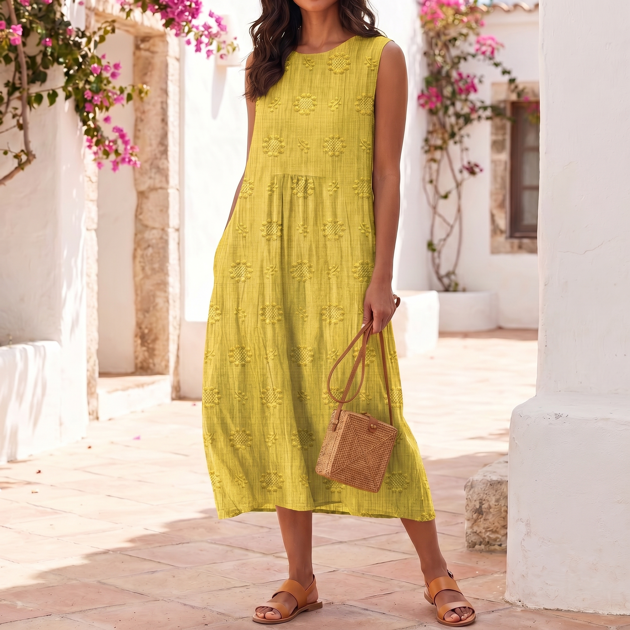 Vestido sin mangas bordado para mujer | Vestido maxi ligero de verano