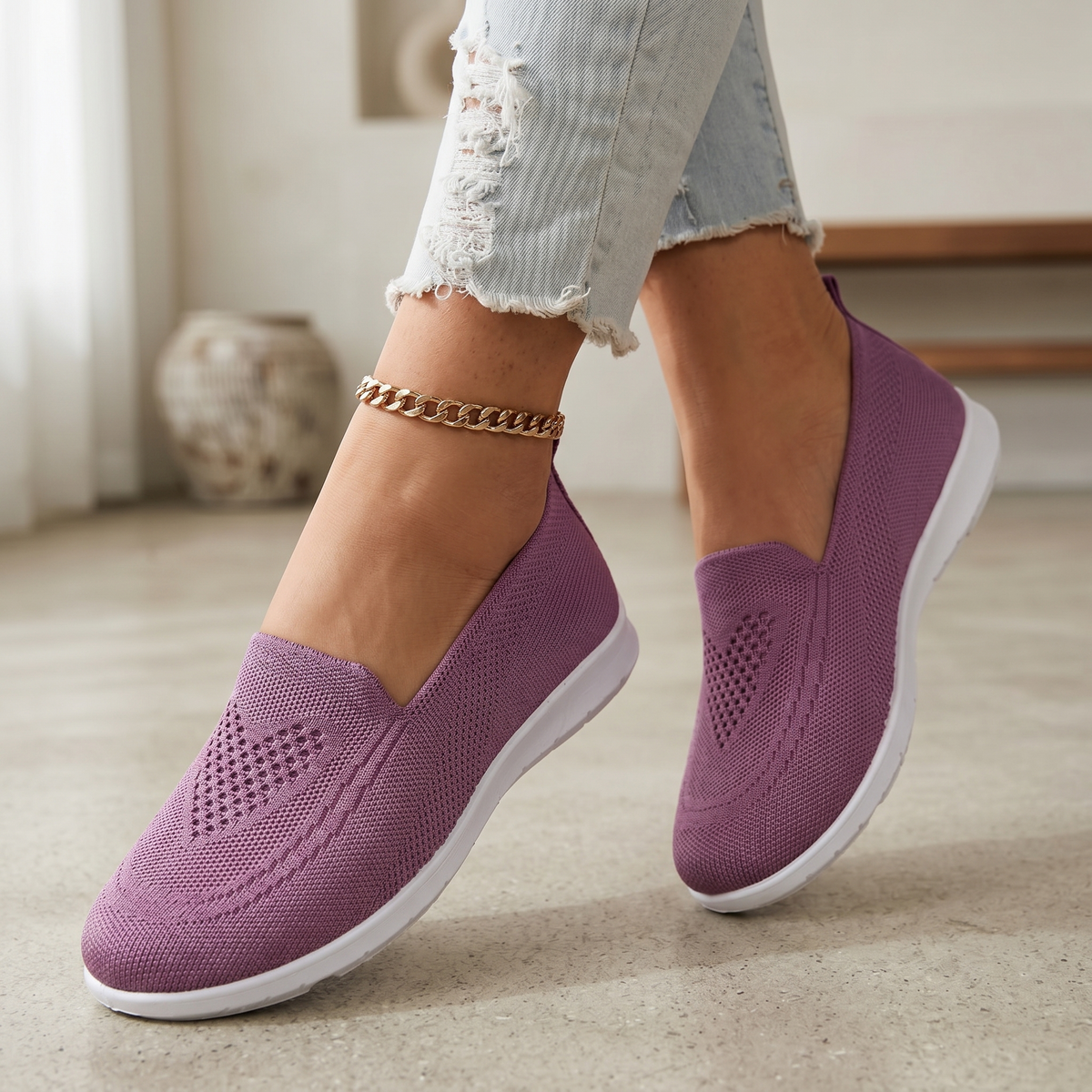 Zapatillas Deporte Slip-On de Punto para Mujer | Calzado de Paseo Transpirable con Amortiguación