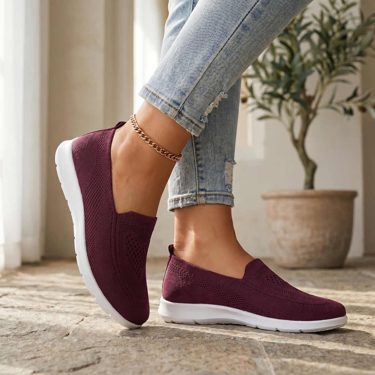 Zapatillas Deporte Slip-On de Punto para Mujer | Calzado de Paseo Transpirable con Amortiguación